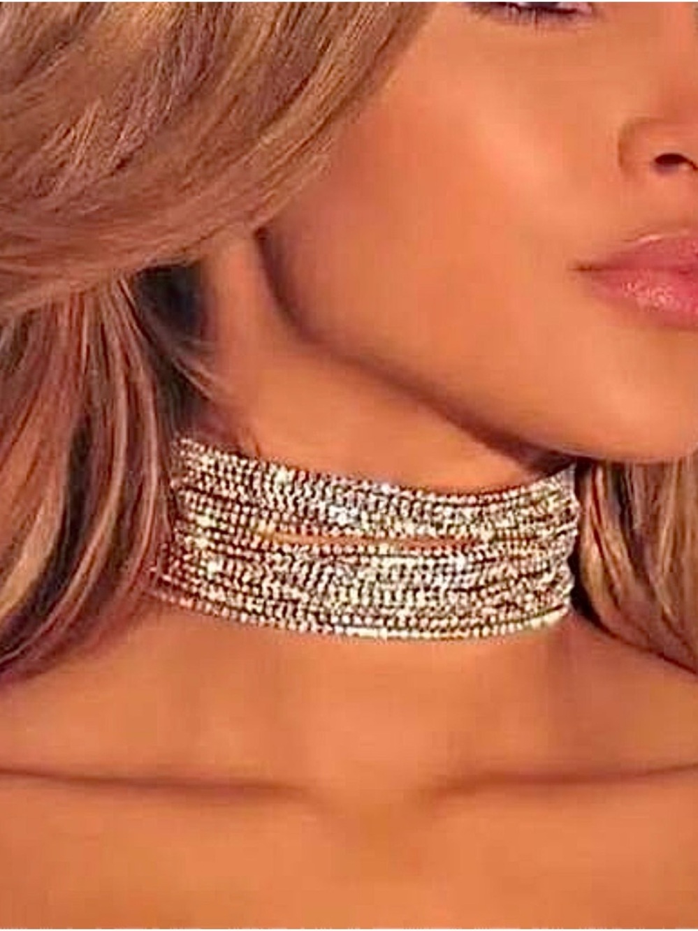 Crystal Multi-Row Rhinestone Choker Necklace - Silver Tone